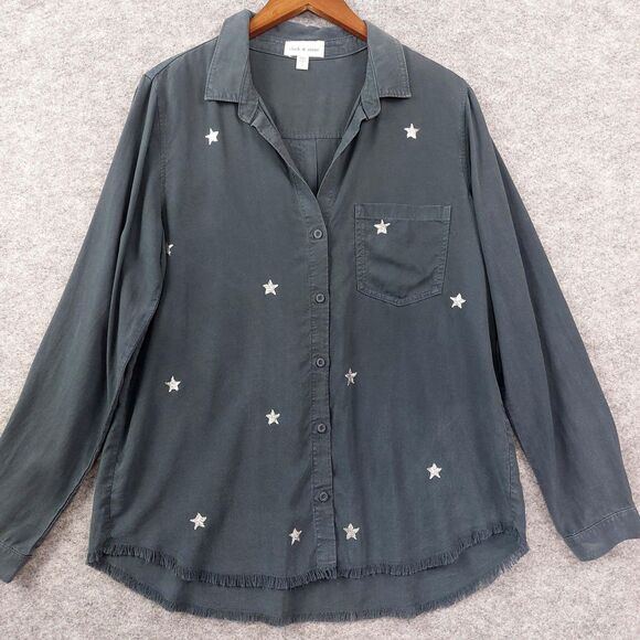 Cloth & Stone Shirt Womens Large Gray Star Print Button Up Fringe Hem Top Boho - Picture 1 of 8
